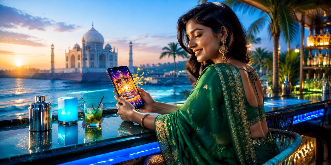 Player enjoying slots game with traditional attire near Taj Mahal