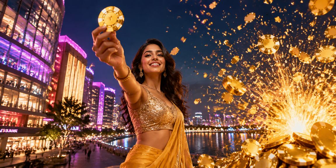 Night neon lighting near riverfront in Ahmedabad with lottery promotions